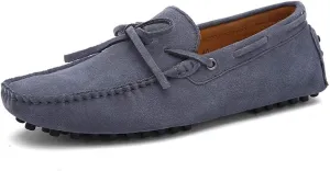 1-Eye Loafers for Men Bowtie Vamp Genuine Suede Leather Driving Casual Shoes Solid Soft Non-Slip Grips Soles Slip on Flats Square Toe (Color : Gray, Size : 8.5)