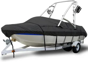 100% Waterproof Ski & Wakeboard Tower Boat Cover, Fade and Tear Resistant Trailerable Boat Cover Fits V-Hull Runabout with Ski/Wakeboard Towers, Black 20'-22'L, Beam Width to 106" W