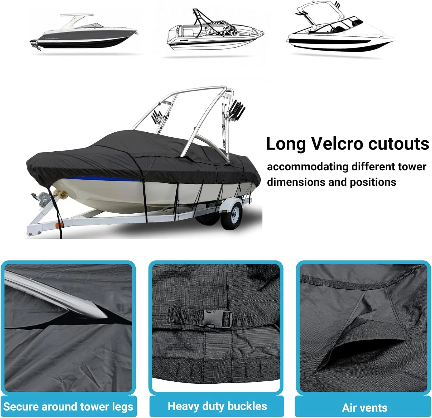 100% Waterproof Ski & Wakeboard Tower Boat Cover, Fade and Tear Resistant Trailerable Boat Cover Fits V-Hull Runabout with Ski/Wakeboard Towers, Black 20'-22'L, Beam Width to 106" W