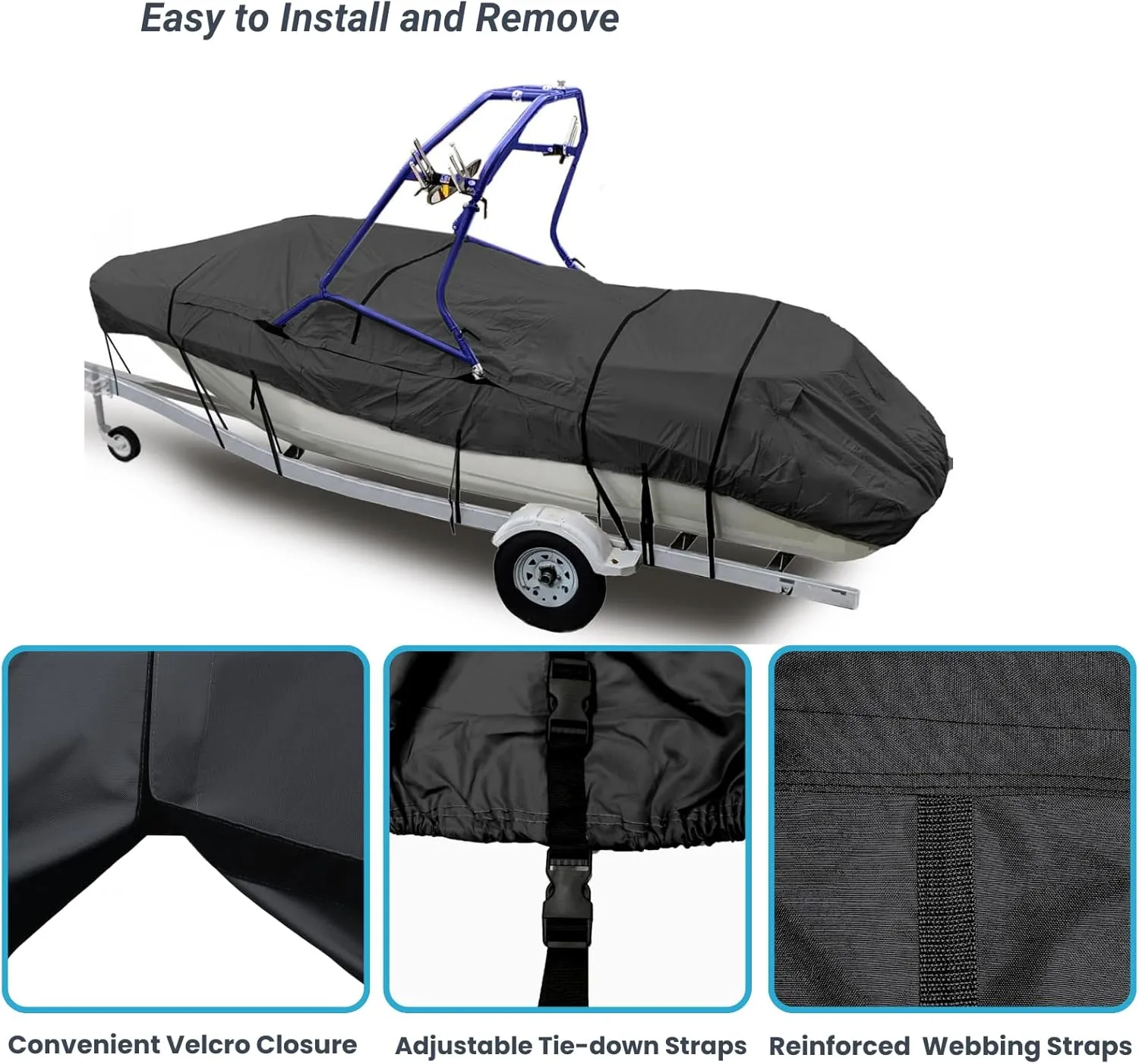 100% Waterproof Ski & Wakeboard Tower Boat Cover, Fade and Tear Resistant Trailerable Boat Cover Fits V-Hull Runabout with Ski/Wakeboard Towers, Black 20'-22'L, Beam Width to 106" W