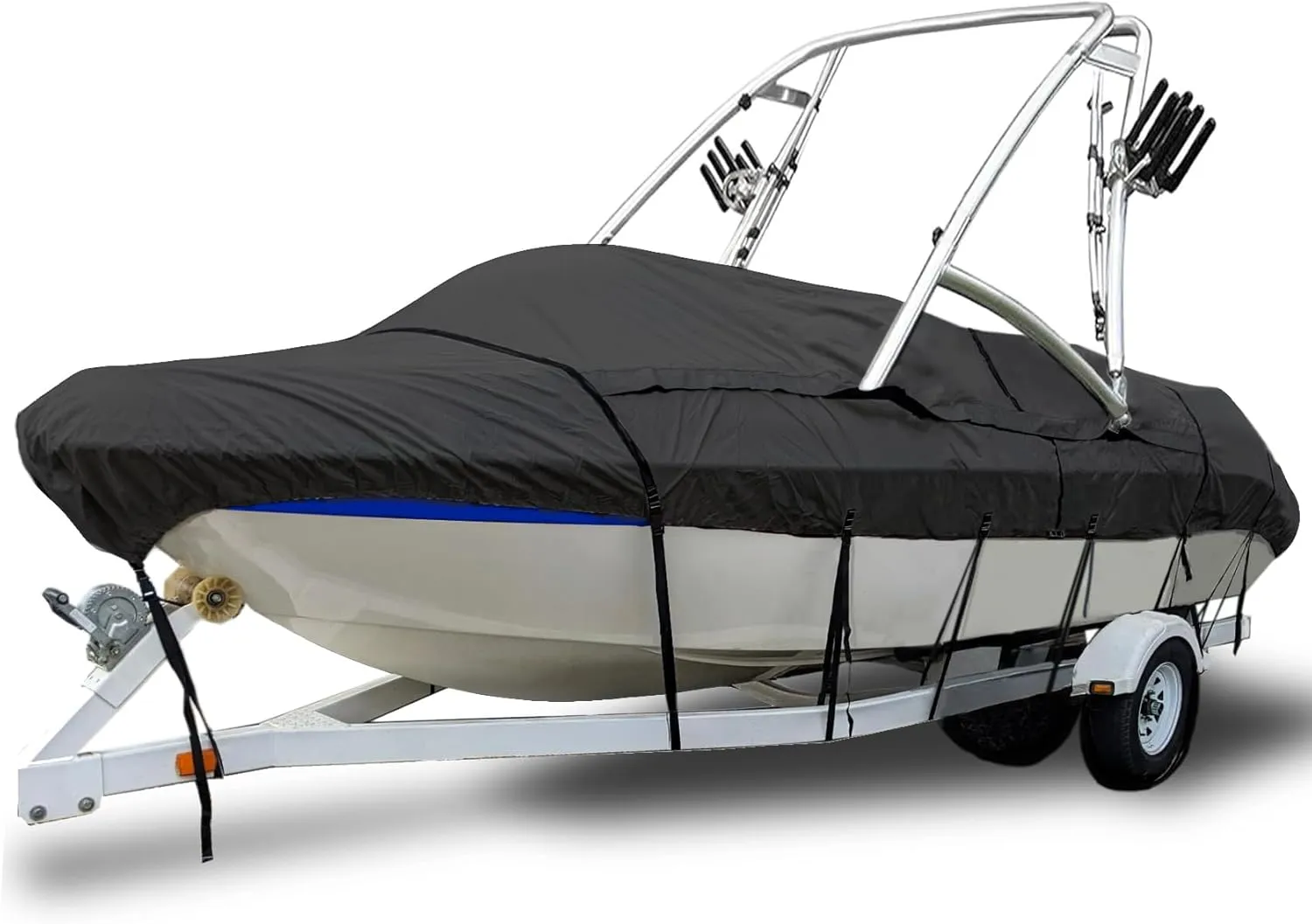 100% Waterproof Ski & Wakeboard Tower Boat Cover, Fade and Tear Resistant Trailerable Boat Cover Fits V-Hull Runabout with Ski/Wakeboard Towers, Black 20'-22'L, Beam Width to 106" W