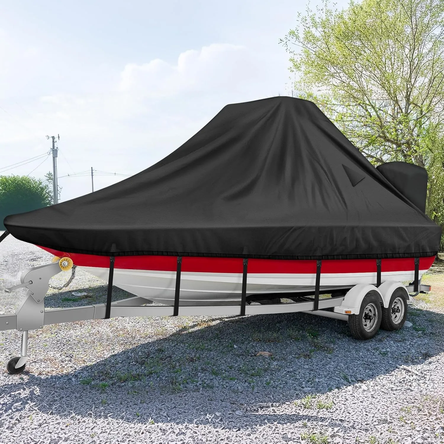 1200D Wake Tower Boat Cover,Heavy Duty Waterproof Wakeboard Boat Cover with Adjustable Metal Buckle,Fits 25ft - 27ft V-Hull Boats with Ski/Wakeboard Tower,Black