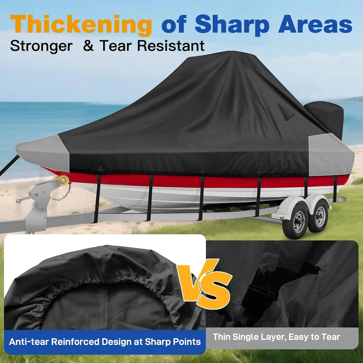 1200D Wake Tower Boat Cover,Heavy Duty Waterproof Wakeboard Boat Cover with Adjustable Metal Buckle,Fits 25ft - 27ft V-Hull Boats with Ski/Wakeboard Tower,Black