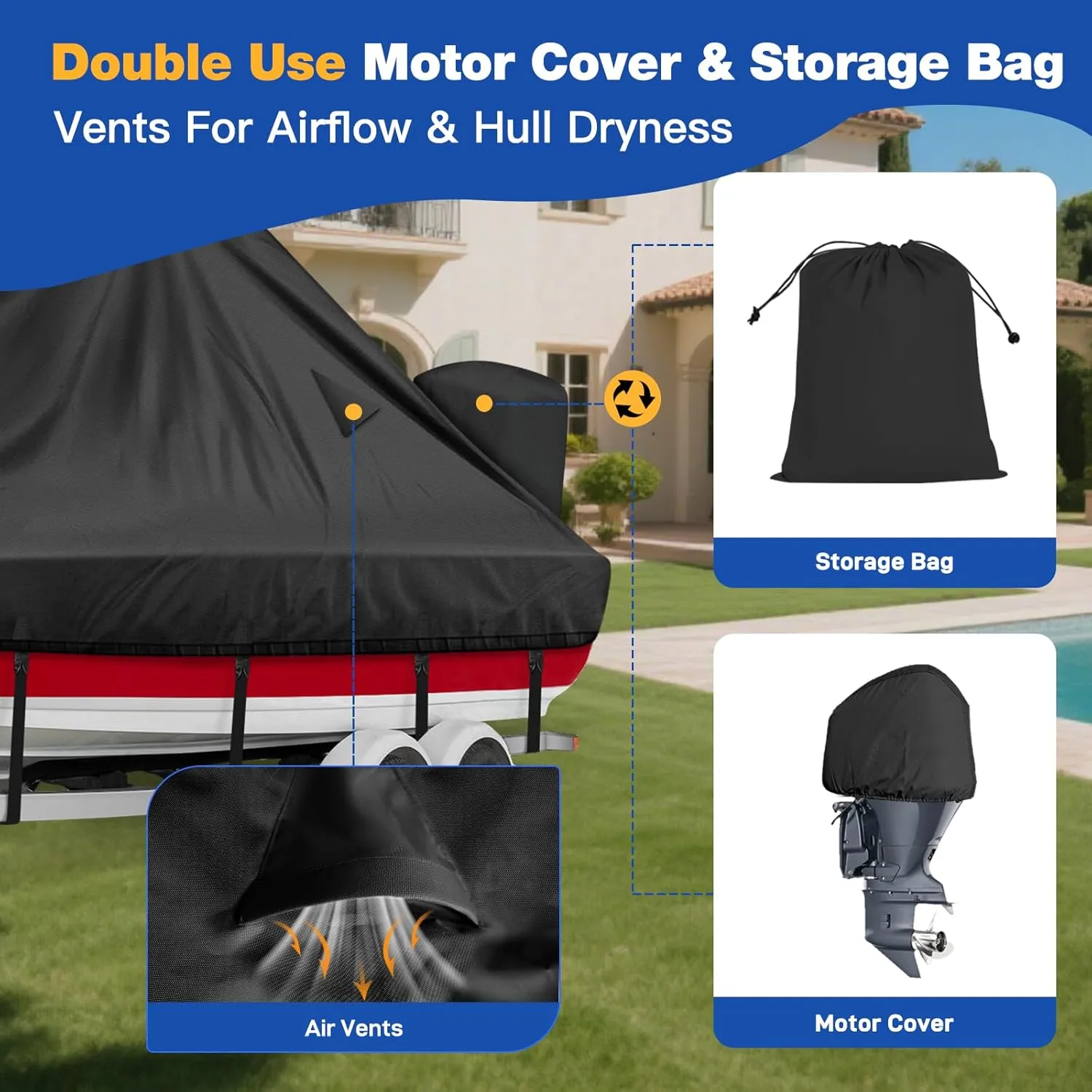 1200D Wake Tower Boat Cover,Heavy Duty Waterproof Wakeboard Boat Cover with Adjustable Metal Buckle,Fits 25ft - 27ft V-Hull Boats with Ski/Wakeboard Tower,Black