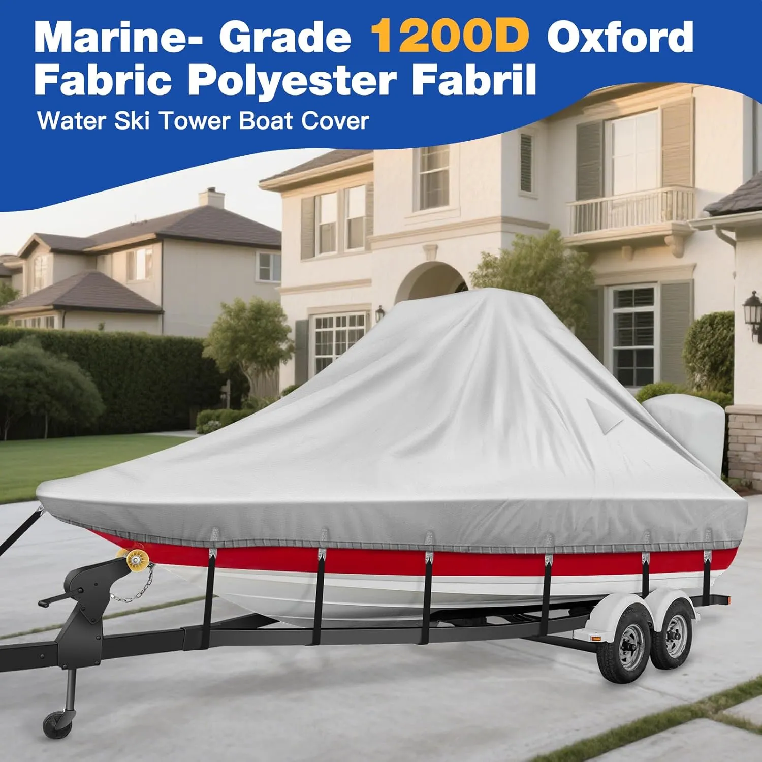 1200D Wake Tower Boat Cover,Heavy Duty Waterproof Wakeboard Boat Cover with Adjustable Metal Buckle,Fits 25ft - 27ft V-Hull Boats with Ski/Wakeboard Tower,Gray