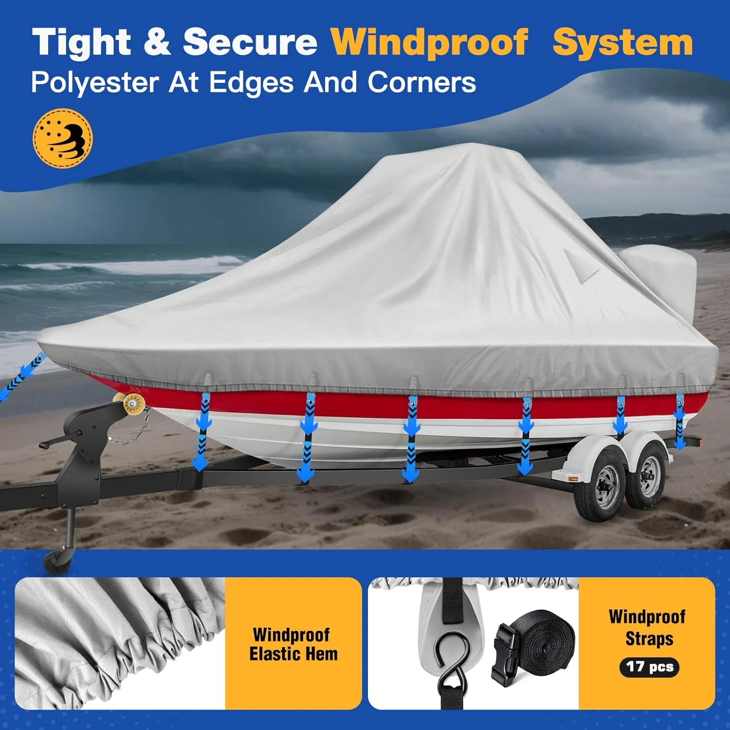 1200D Wake Tower Boat Cover,Heavy Duty Waterproof Wakeboard Boat Cover with Adjustable Metal Buckle,Fits 25ft - 27ft V-Hull Boats with Ski/Wakeboard Tower,Gray