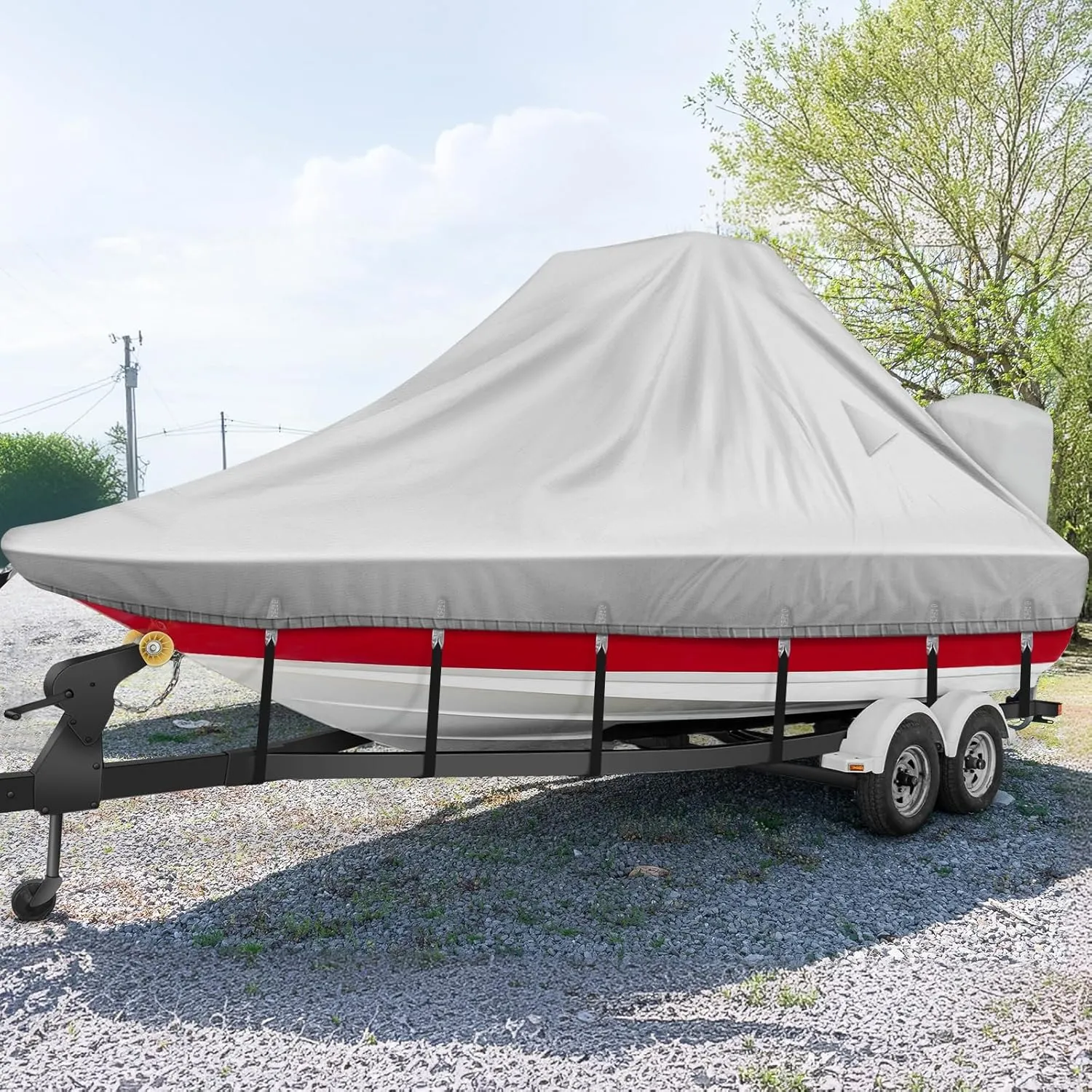1200D Wake Tower Boat Cover,Heavy Duty Waterproof Wakeboard Boat Cover with Adjustable Metal Buckle,Fits 25ft - 27ft V-Hull Boats with Ski/Wakeboard Tower,Gray