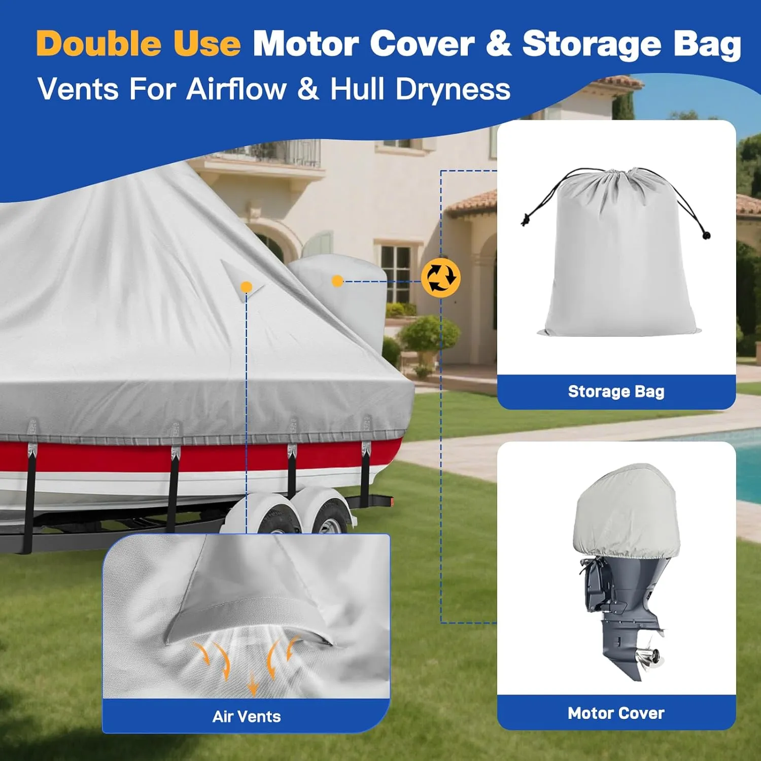 1200D Wake Tower Boat Cover,Heavy Duty Waterproof Wakeboard Boat Cover with Adjustable Metal Buckle,Fits 25ft - 27ft V-Hull Boats with Ski/Wakeboard Tower,Gray