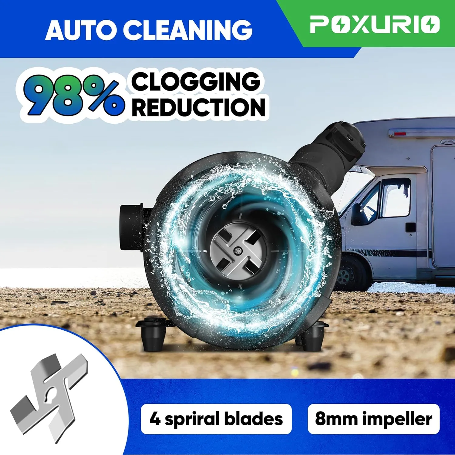 12V RV Macerator Pump, 12GPM Self-Priming Sewage Pump with 3.2FT Suction & 10FT Lift, Durable 144W Copper Motor, Complete RV Macerator Pump Kit for RV, Marine, Campers, and More