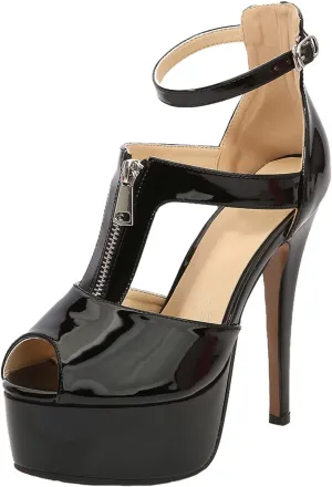 14CM/5.51IN Women Solid Color Temperament T-Strap Open-Toe Platform Buckle Strappy Sandals Court Shoes Ladies Sexy Pole Dancer Stripper Heel Stiletto Party Sandals