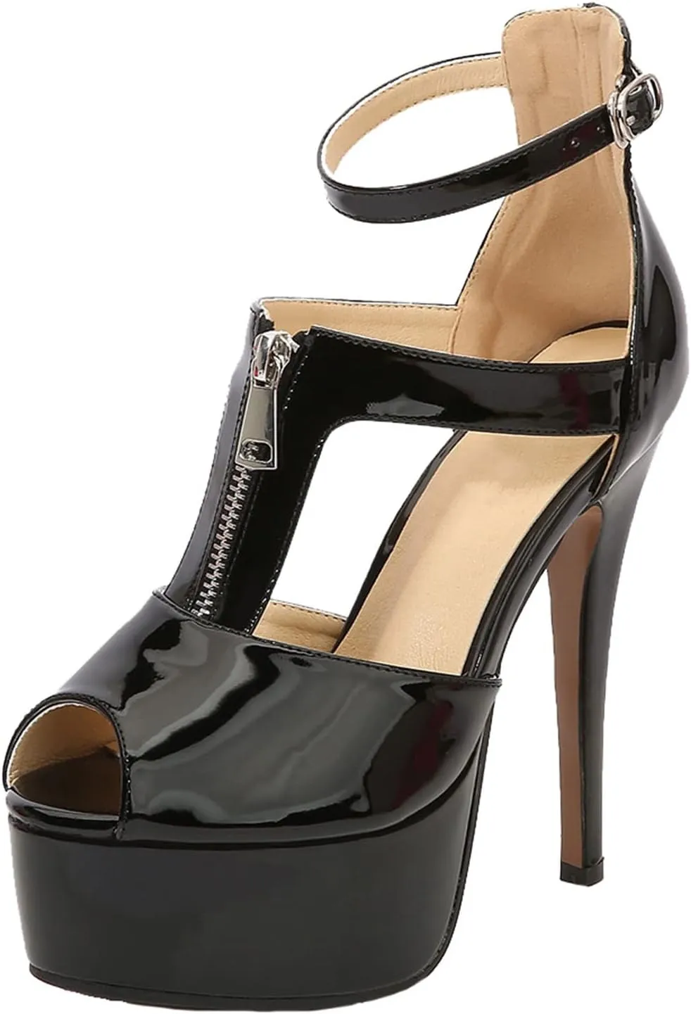 14CM/5.51IN Women Solid Color Temperament T-Strap Open-Toe Platform Buckle Strappy Sandals Court Shoes Ladies Sexy Pole Dancer Stripper Heel Stiletto Party Sandals