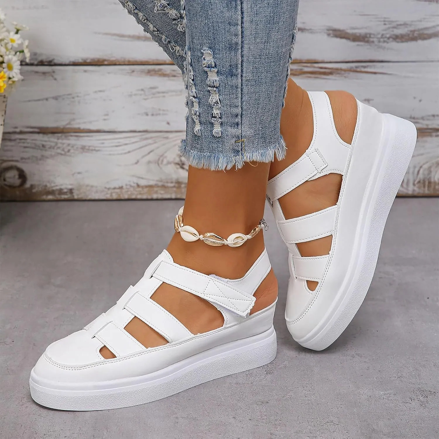 2024 Summer Women's Wedge Heel Thick Sole With Elevated Hollow Out Fashion Sports Sandals Rose Dress Sandals for Women