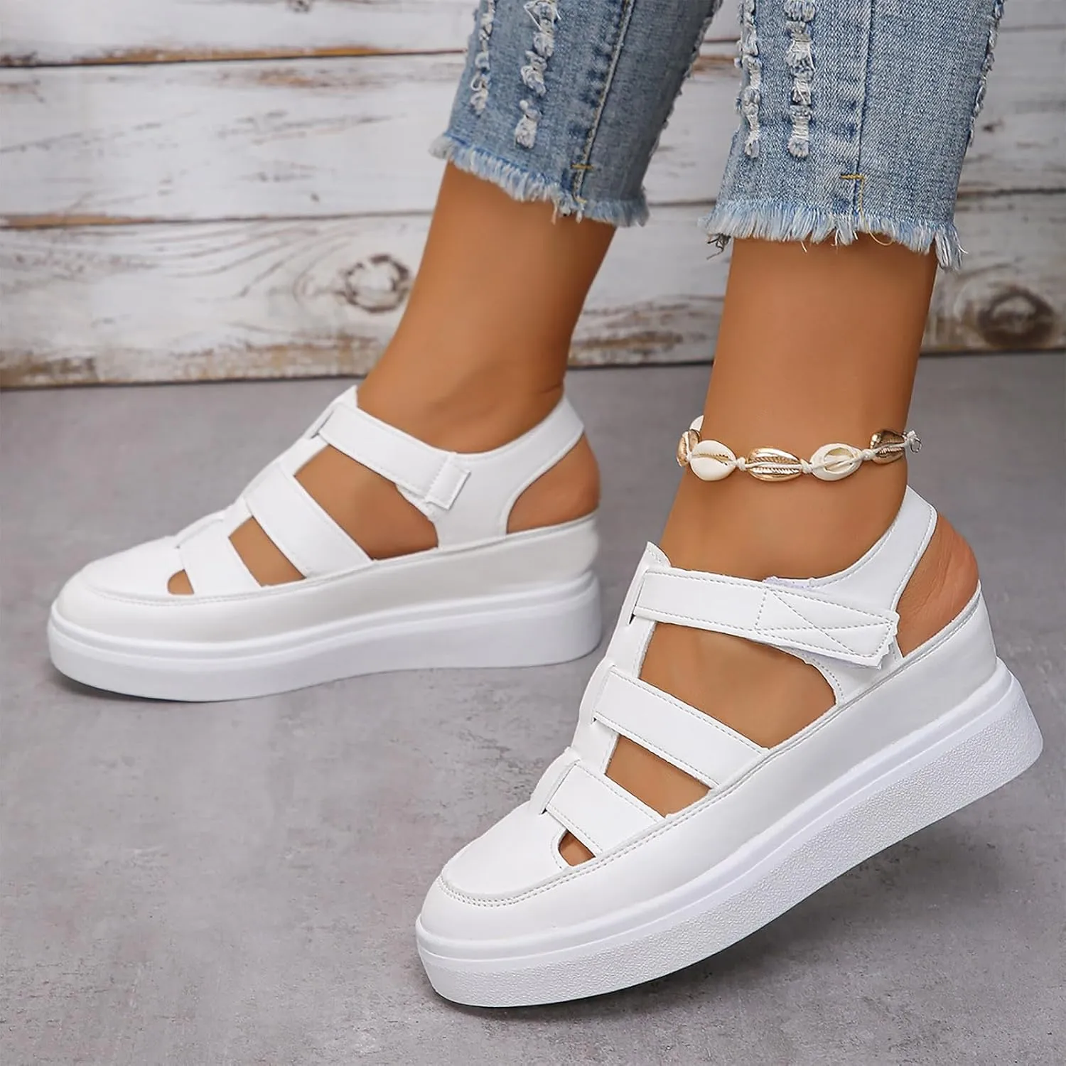 2024 Summer Women's Wedge Heel Thick Sole With Elevated Hollow Out Fashion Sports Sandals Rose Dress Sandals for Women