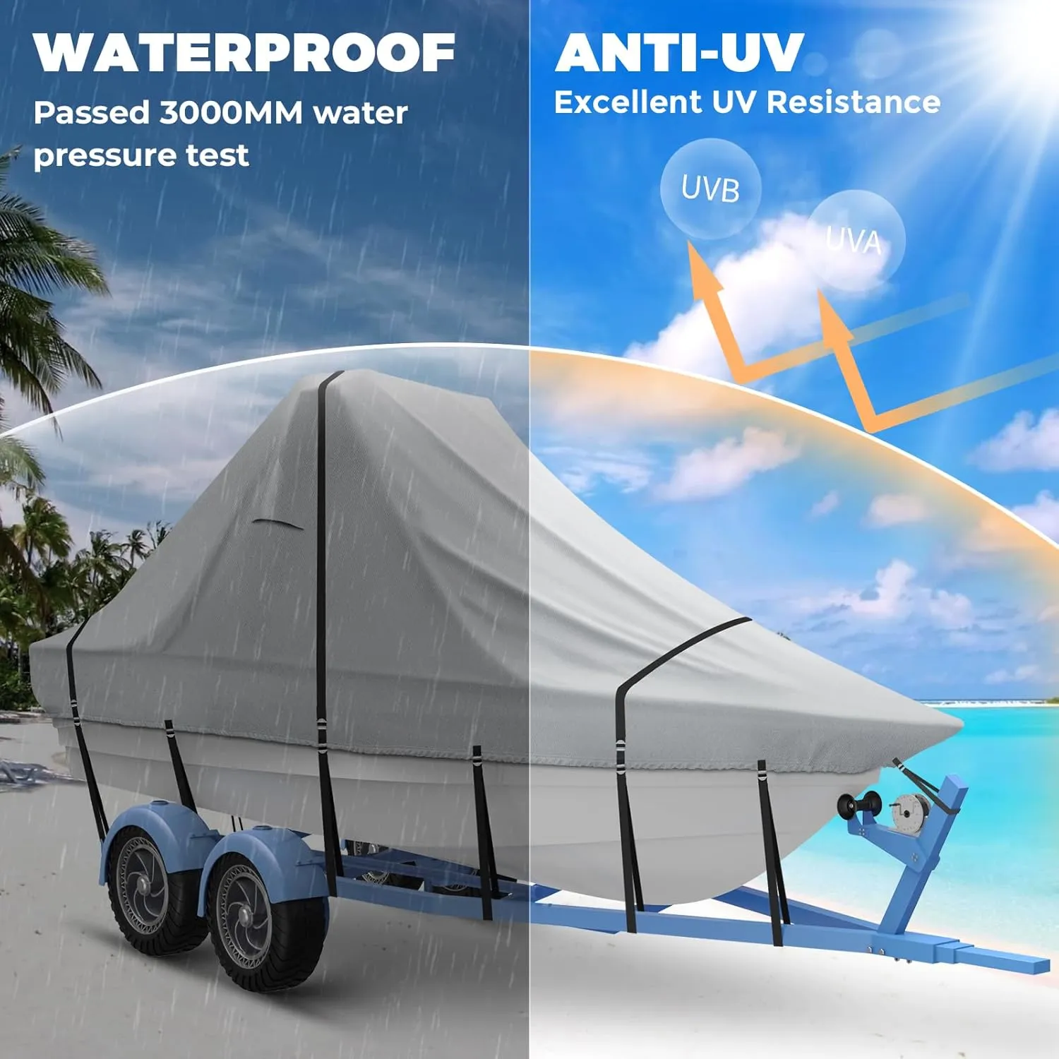 25' - 27' Wide Bow 900D Wake Tower Boat Cover, Cover The Ski/Wakeboard Tower and Boat, Metal Fittings Waterproof Breathing Tear and UV-Resistant,Fits 25ft - 27ft Wide Boats with Ski/Wakeboard Tower