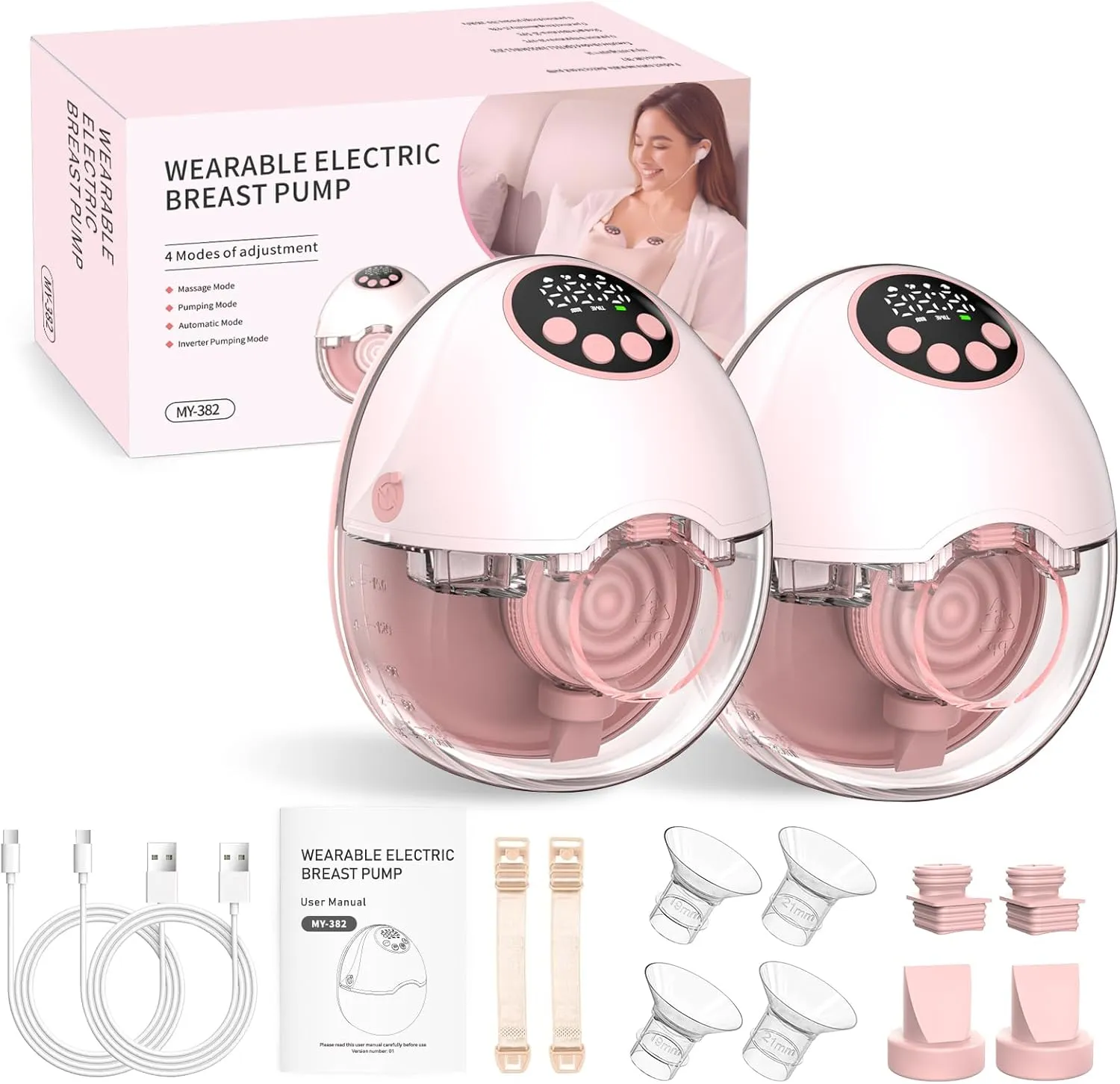 2Pack Hands Free Breast Pump - Wearable Breast Pumps with 4 Modes 12 Levels, Portable Breast Pumping for Work Travel Night with Leak-Proof DoubleFit Flange, Ideal for Breast Pump