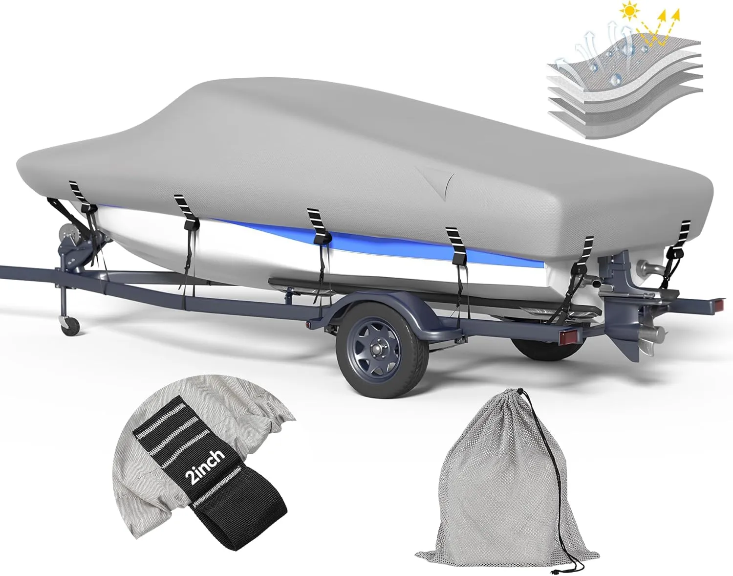 5-ply 1200D Boat Cover with Storage Bag & Widened Straps for Trailering & Mooring Fits 17-19ft Bass Boat, V-Hull, Tri-Hull Runabout Pro-Style Fishing Boat - Waterproof Anti-uv and Breathable
