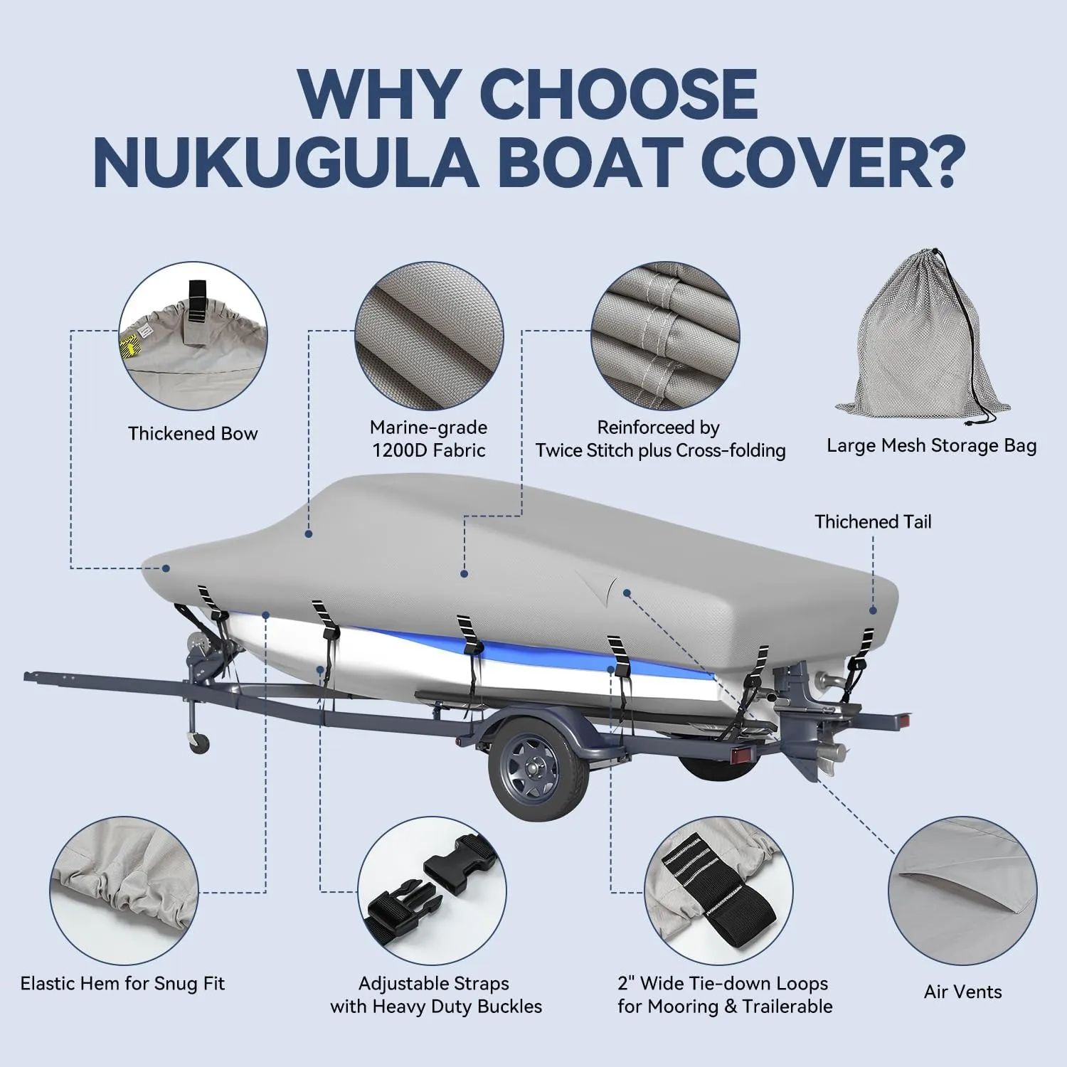 5-ply 1200D Boat Cover with Storage Bag & Widened Straps for Trailering & Mooring Fits 17-19ft Bass Boat, V-Hull, Tri-Hull Runabout Pro-Style Fishing Boat - Waterproof Anti-uv and Breathable