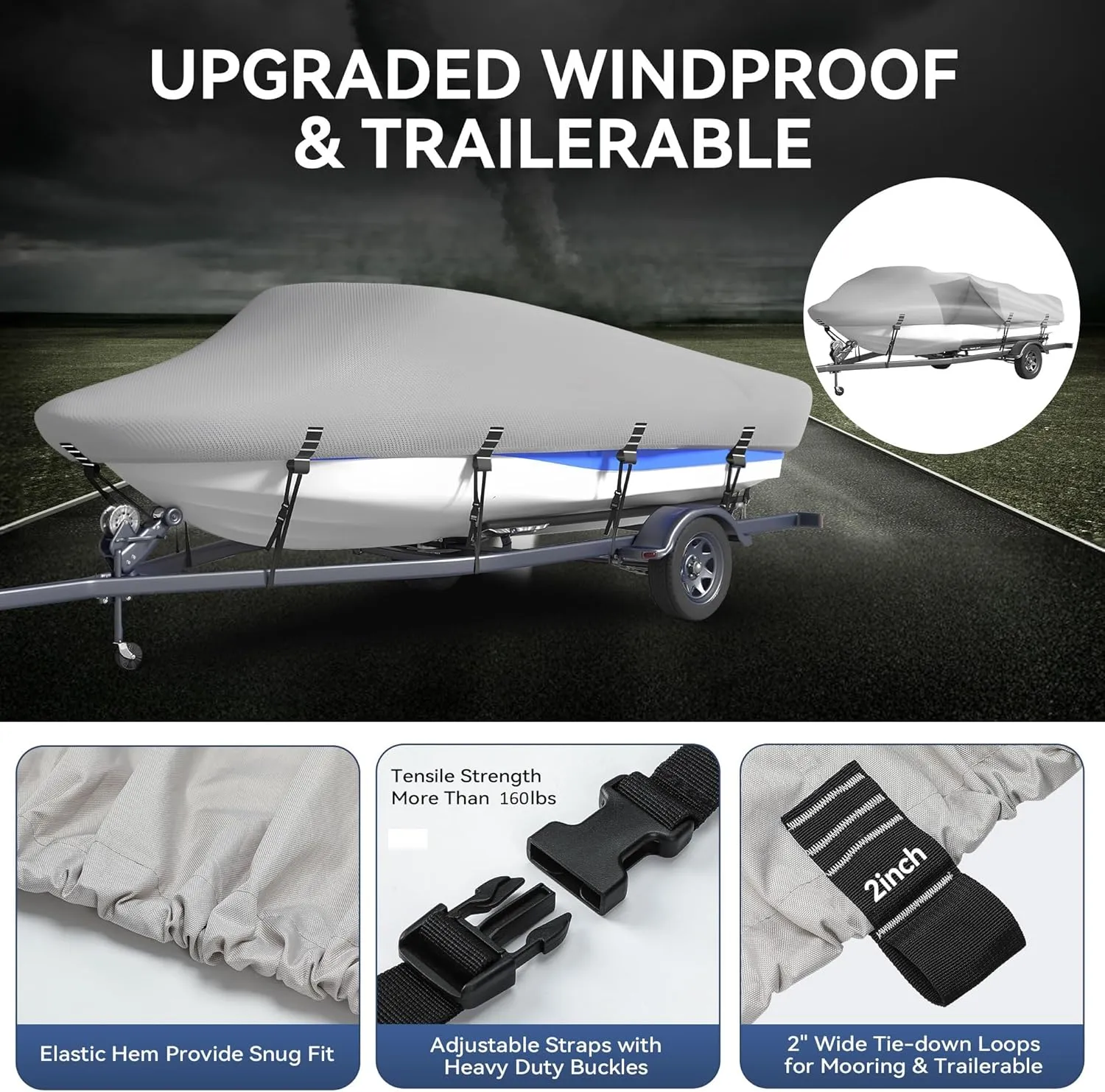 5-ply 1200D Boat Cover with Storage Bag & Widened Straps for Trailering & Mooring Fits 17-19ft Bass Boat, V-Hull, Tri-Hull Runabout Pro-Style Fishing Boat - Waterproof Anti-uv and Breathable