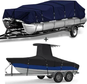 900D Fade and Tear Resistant Trailerable Pontoon Boat Cover Fit 21ft-24ft Long(Navy), Heavy-Duty Waterproof and UV-Proof T-Top Boat Cover Fit 18ft-20ft (Black)