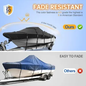 900D Marine Grade Fade and Tear Resistant Boat Cover，Heavy-Duty Waterproof and UV-Proof Boat Covers，Full Metal Fittings Trailerable Boat Cover Fits V-Hull,Tri-Hull,Runabout，Black