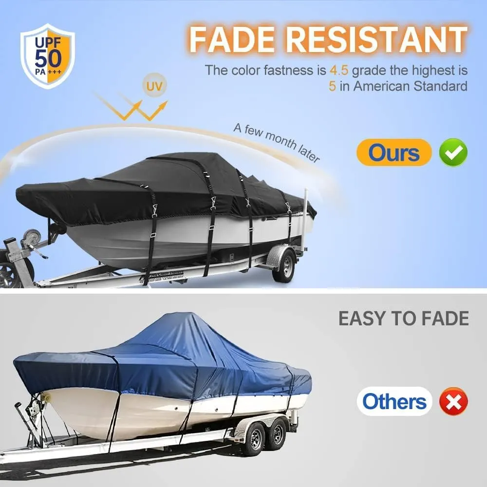 900D Marine Grade Fade and Tear Resistant Boat Cover，Heavy-Duty Waterproof and UV-Proof Boat Covers，Full Metal Fittings Trailerable Boat Cover Fits V-Hull,Tri-Hull,Runabout，Black