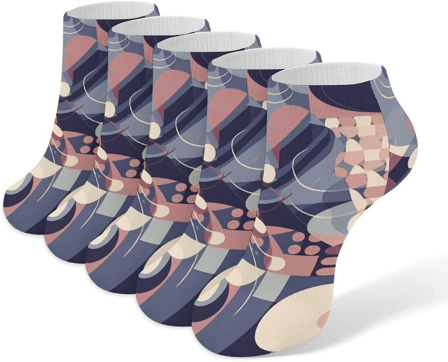 Abstract Geometric Lines Ankle Socks for Men & Women, 5 Pairs Breathable Soft Low Cut Socks, Stretch Sweat Wicking Sox