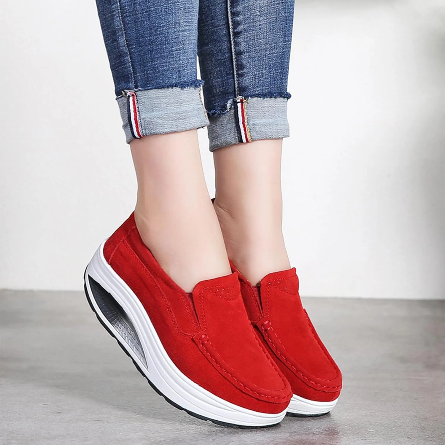 Aceptolcom Women's Red Suede Platform Wedge Loafers, Casual Comfort Good Arch Support Slip On Shoes, Size 4.5-9.5