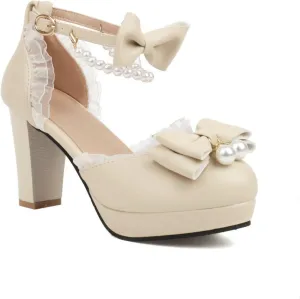 Aflngle Women's Bow Pearl Heels Mary Jane Pumps Round Toe Closed Platform Chunky Heel Ankle Strap Buckle Shoes Cute Sweet Lace Kawaii Lolita Princess Wedding Party Dress Shoes