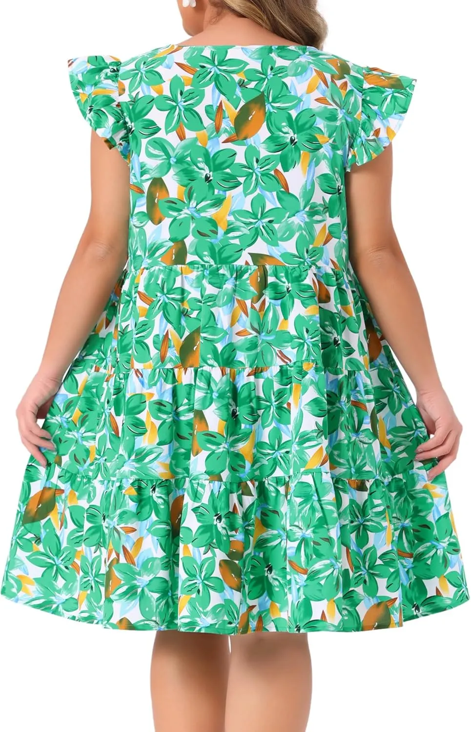 Agnes Orinda Plus Size Summer Dress for Women Boho Flutter Sleeves Round Neck Floral Print Tiered Babydoll Ruffle Dress