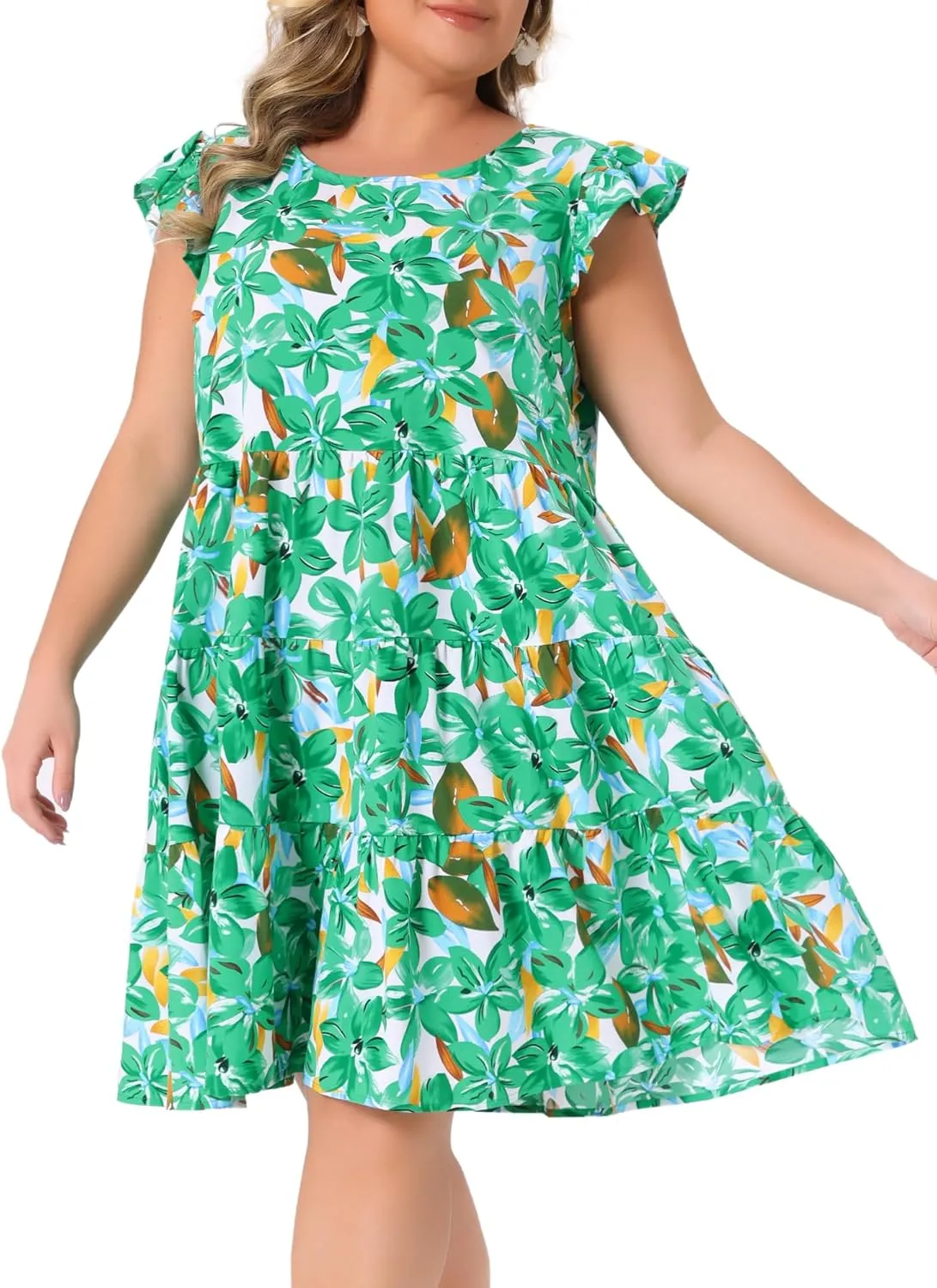 Agnes Orinda Plus Size Summer Dress for Women Boho Flutter Sleeves Round Neck Floral Print Tiered Babydoll Ruffle Dress