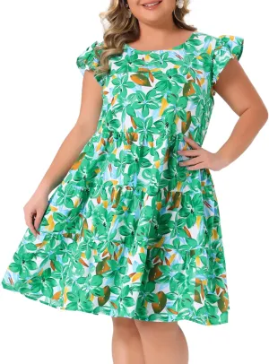 Agnes Orinda Plus Size Summer Dress for Women Boho Flutter Sleeves Round Neck Floral Print Tiered Babydoll Ruffle Dress