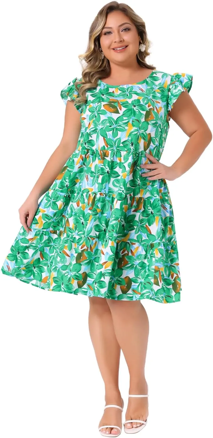 Agnes Orinda Plus Size Summer Dress for Women Boho Flutter Sleeves Round Neck Floral Print Tiered Babydoll Ruffle Dress