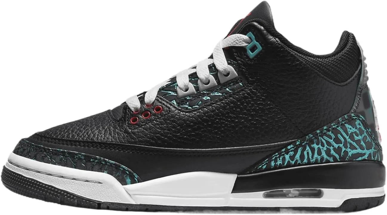 Air Jordan 3 Retro Big Kids' Shoes (FV5437-001, Black/Hyper Jade/White/Siren Red)