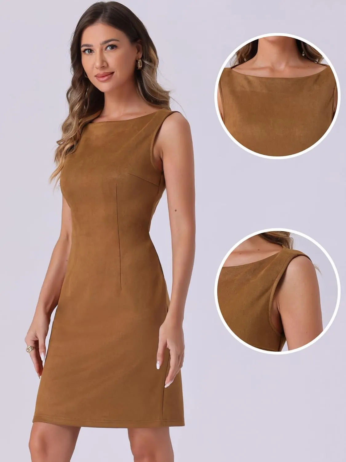 Allegra K Faux Suede Dress for Women's Boat Neck Sleeveless Sheath Dresses