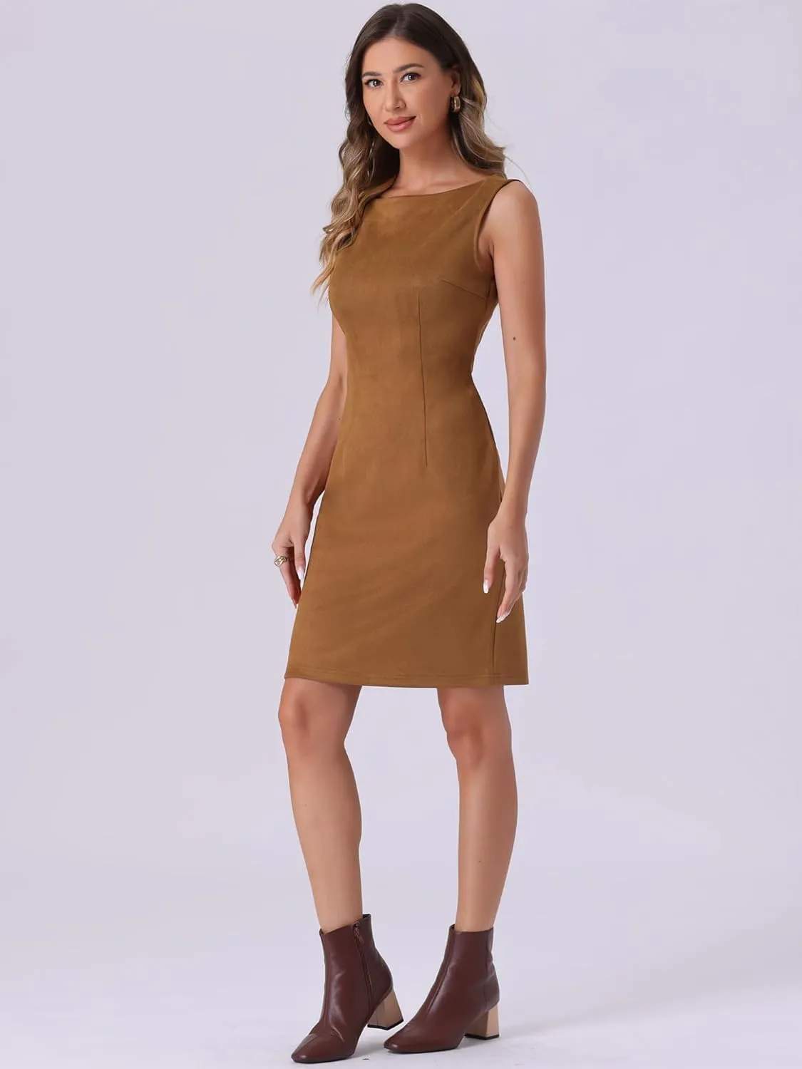 Allegra K Faux Suede Dress for Women's Boat Neck Sleeveless Sheath Dresses