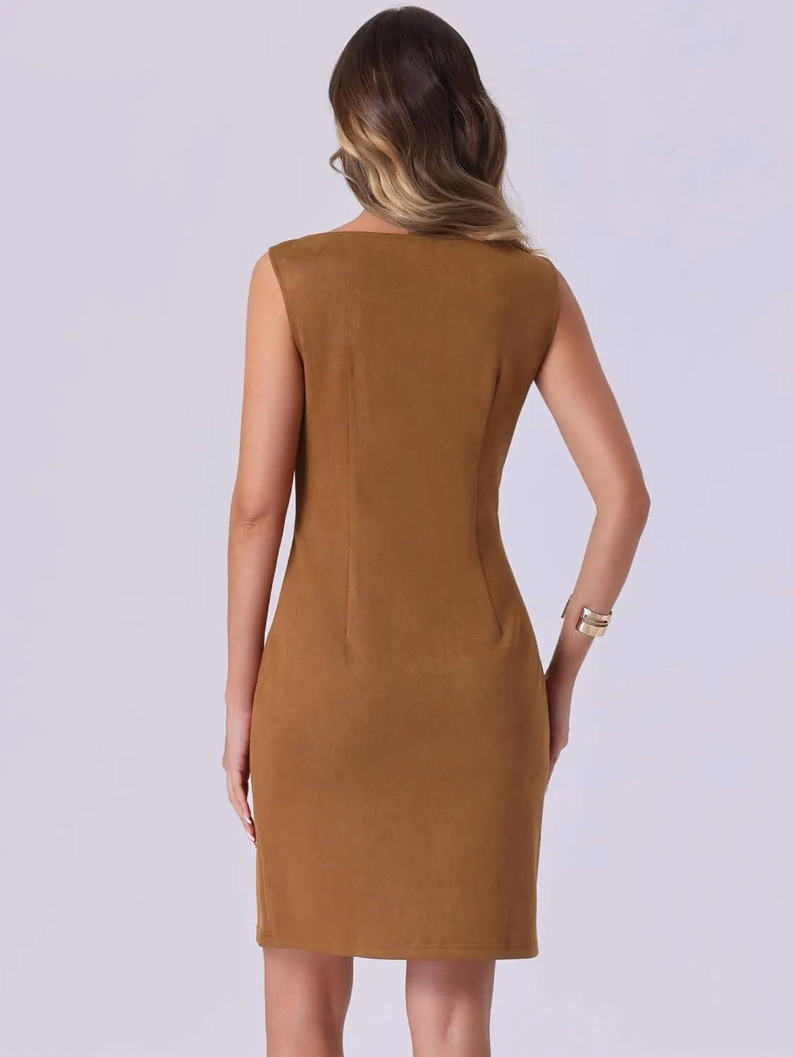 Allegra K Faux Suede Dress for Women's Boat Neck Sleeveless Sheath Dresses