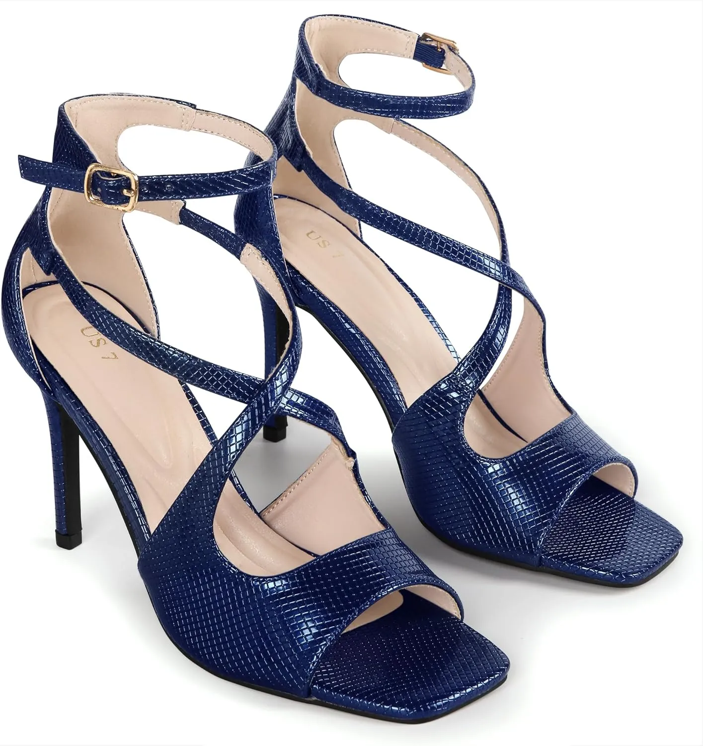 Allegra K Women's Ankle Strap Square Toe Crisscross Embossed Stiletto Heel Sandals