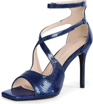 Allegra K Women's Ankle Strap Square Toe Crisscross Embossed Stiletto Heel Sandals