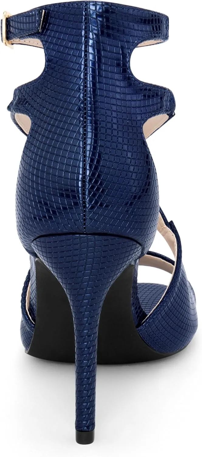 Allegra K Women's Ankle Strap Square Toe Crisscross Embossed Stiletto Heel Sandals
