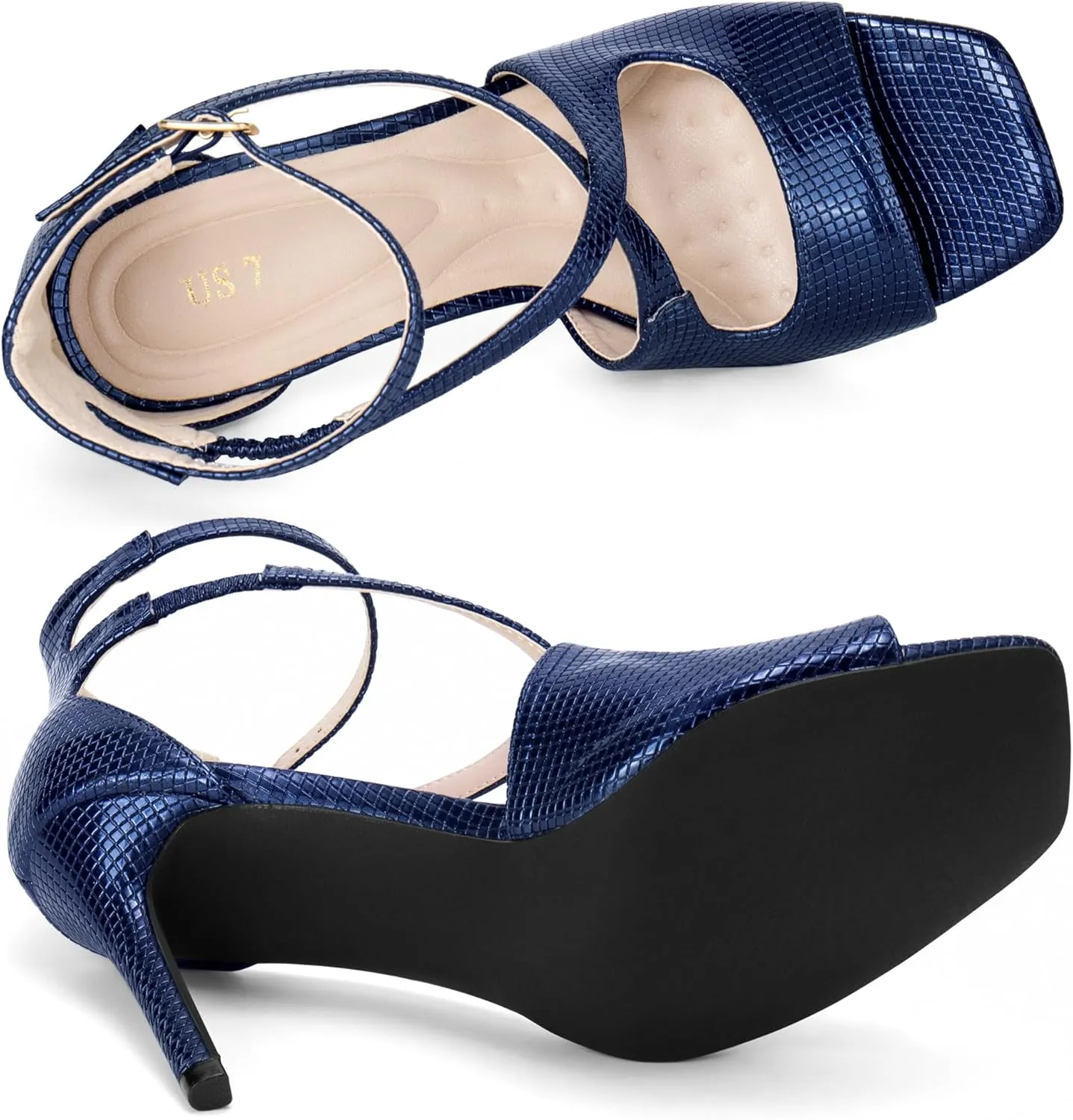 Allegra K Women's Ankle Strap Square Toe Crisscross Embossed Stiletto Heel Sandals