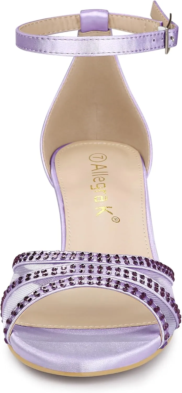 Allegra K Women's Rhinestone Mesh Kitten Heels Sandals