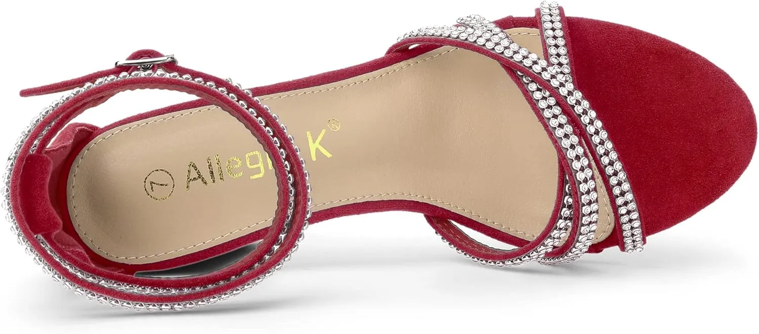 Allegra K Women's Rhinestones Strappy Chunky Heel Sandals