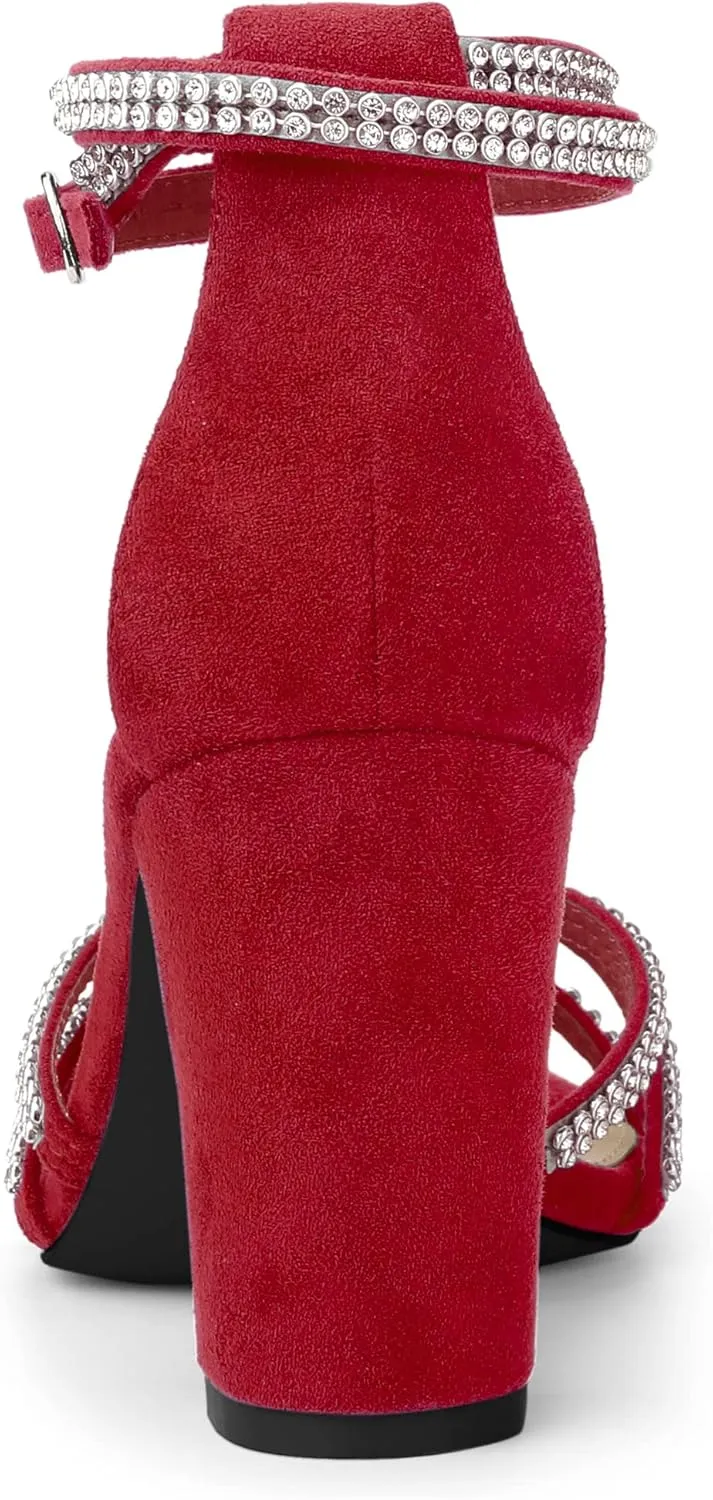 Allegra K Women's Rhinestones Strappy Chunky Heel Sandals