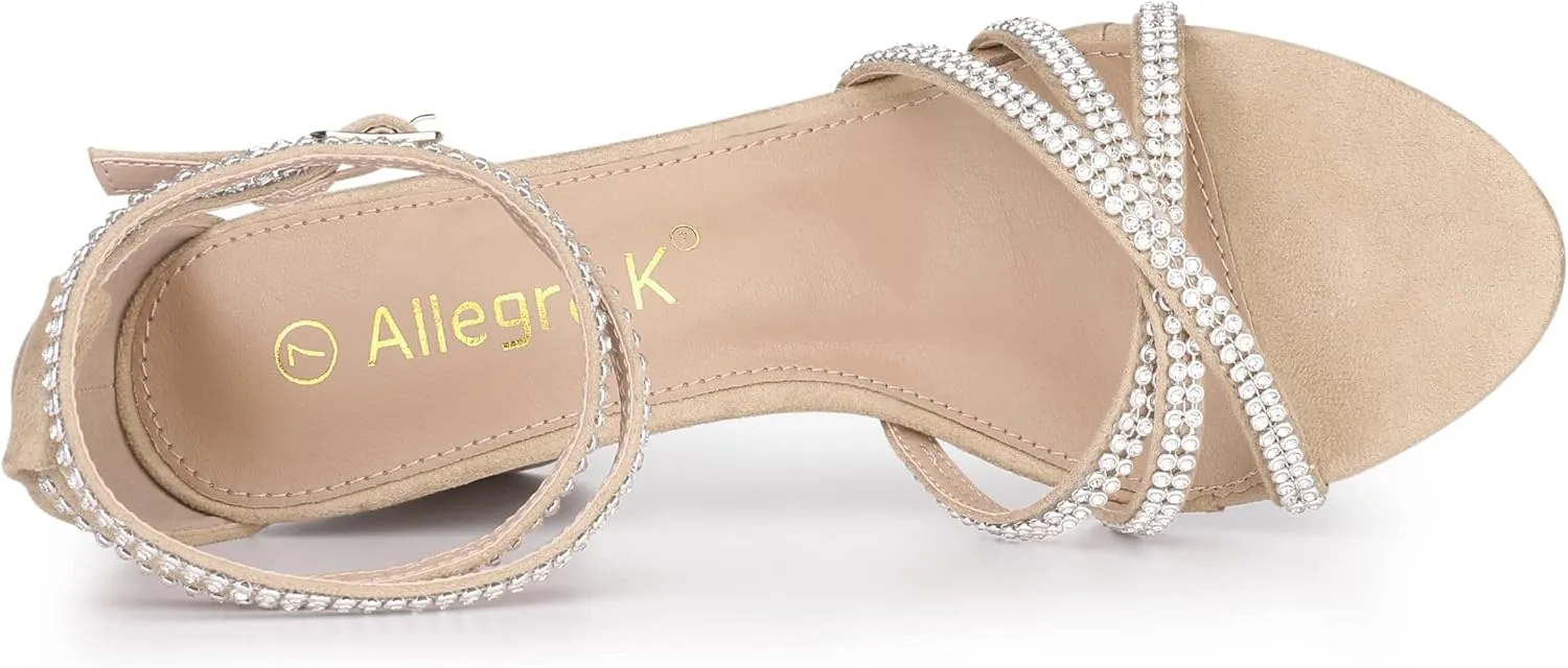 Allegra K Women's Rhinestones Strappy Chunky Heel Sandals