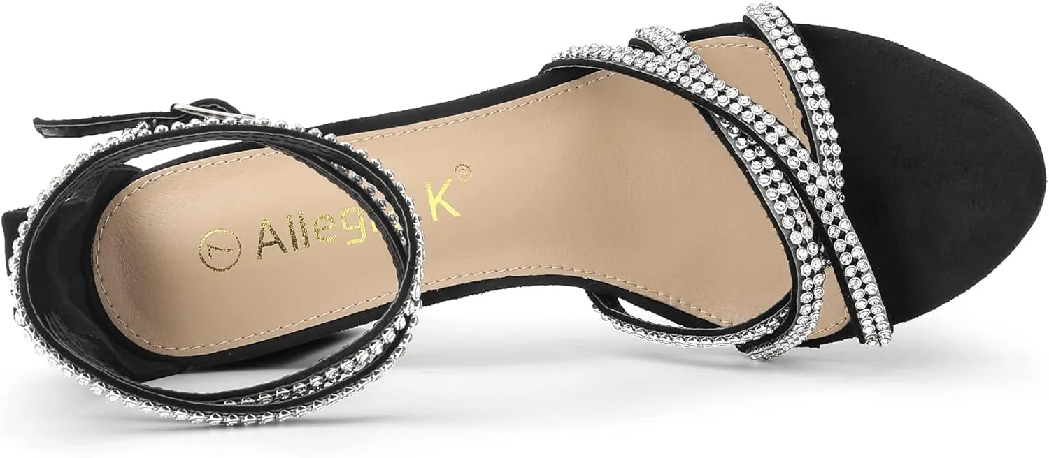 Allegra K Women's Rhinestones Strappy Chunky Heel Sandals