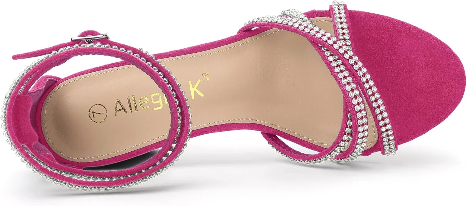 Allegra K Women's Rhinestones Strappy Chunky Heel Sandals