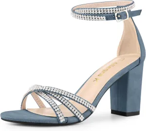 Allegra K Women's Rhinestones Strappy Chunky Heel Sandals