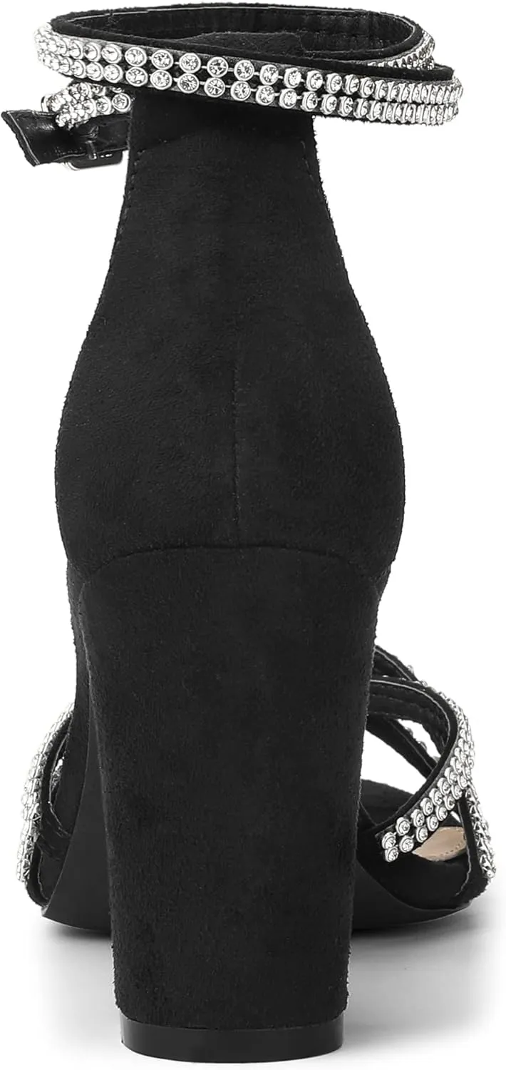 Allegra K Women's Rhinestones Strappy Chunky Heel Sandals