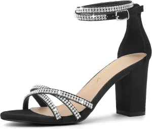Allegra K Women's Rhinestones Strappy Chunky Heel Sandals