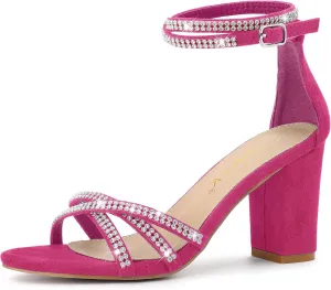 Allegra K Women's Rhinestones Strappy Chunky Heel Sandals
